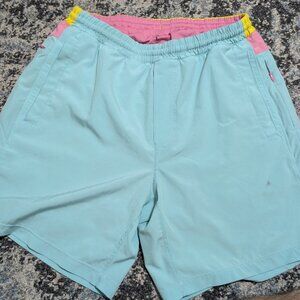 Bird Dogs Men’s Aqua Blue Shorts with Pink & Yellow Waistband – Size Large